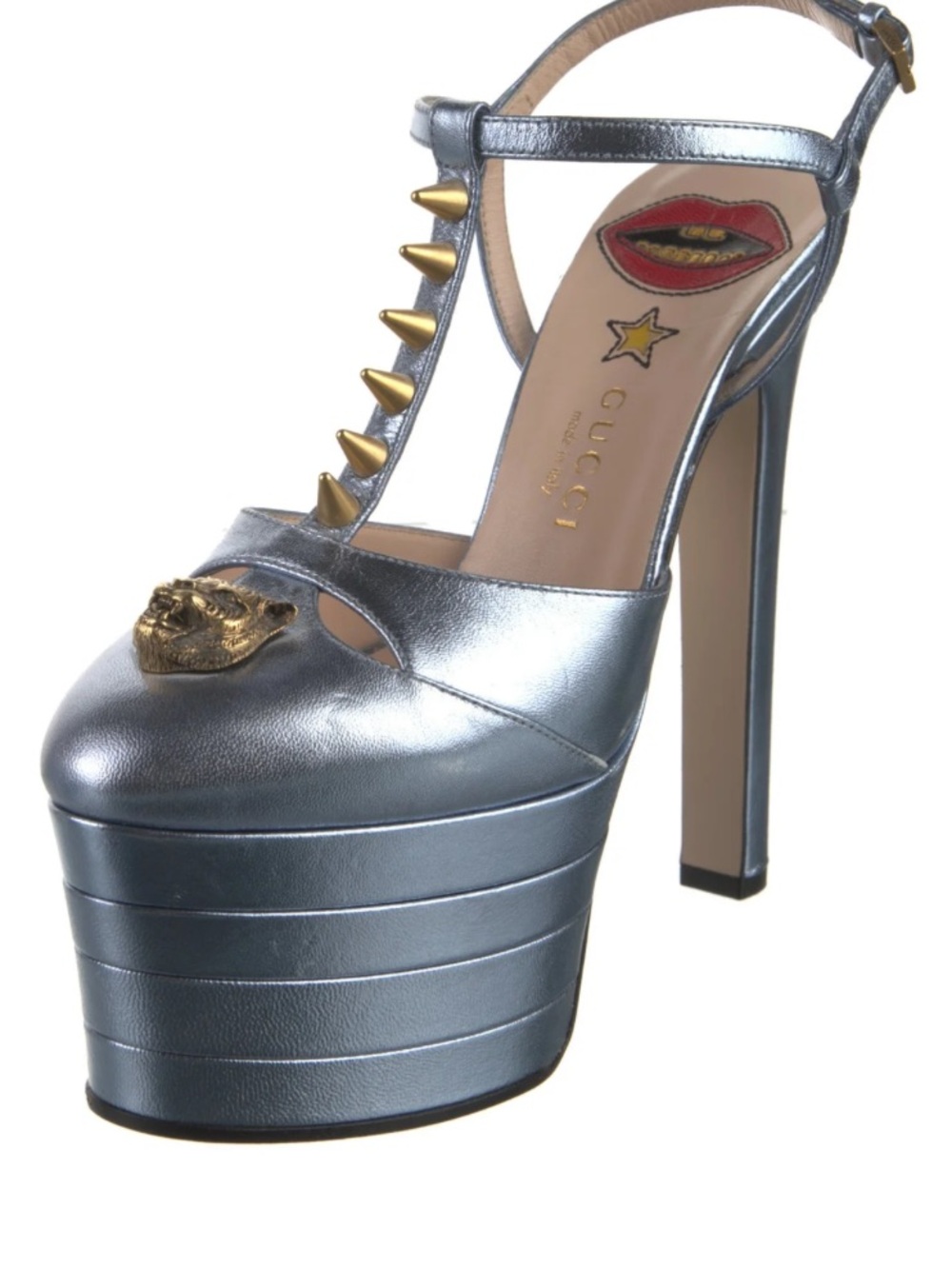 Gucci Silver Leather Platform T-Strap High Heel